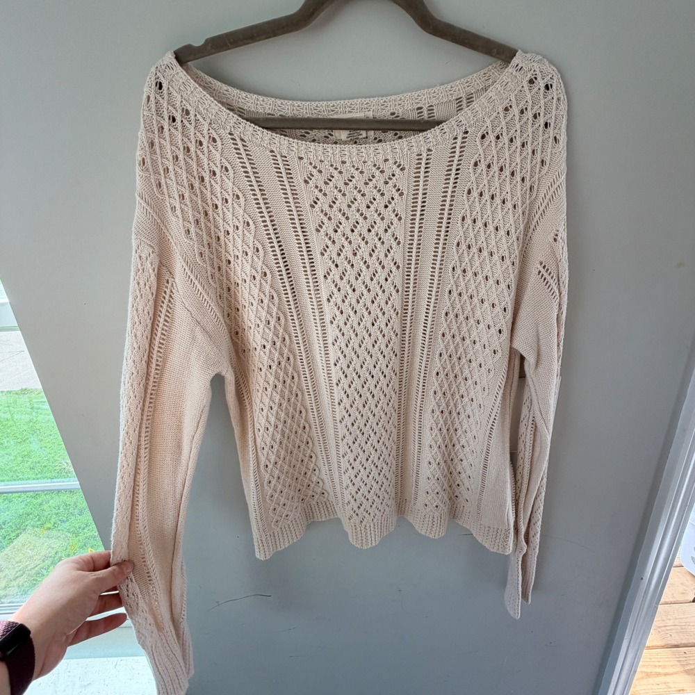 Nicole Miller Artelier Pointelle Knit Sweater Womens Medium Beige Boho Fairy